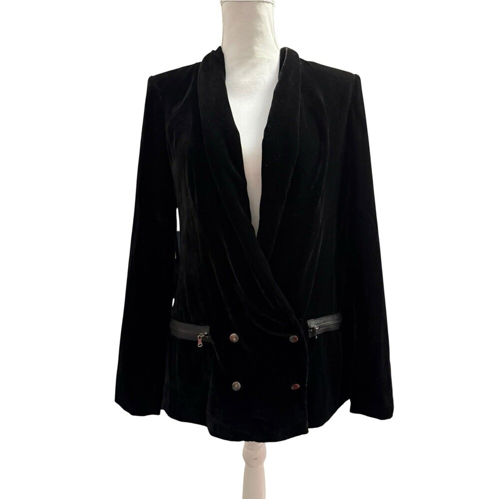 PAIGE Karissa Black Velvet Double Breasted Blazer Zip Pockets Size S - Picture 2 of 10